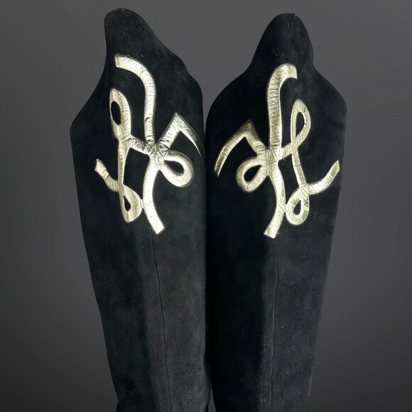 Vintage 1980s Karl Lagerfeld suede over the knee boots w/ gold applique Sz 8.5 - Picture 5 of 10